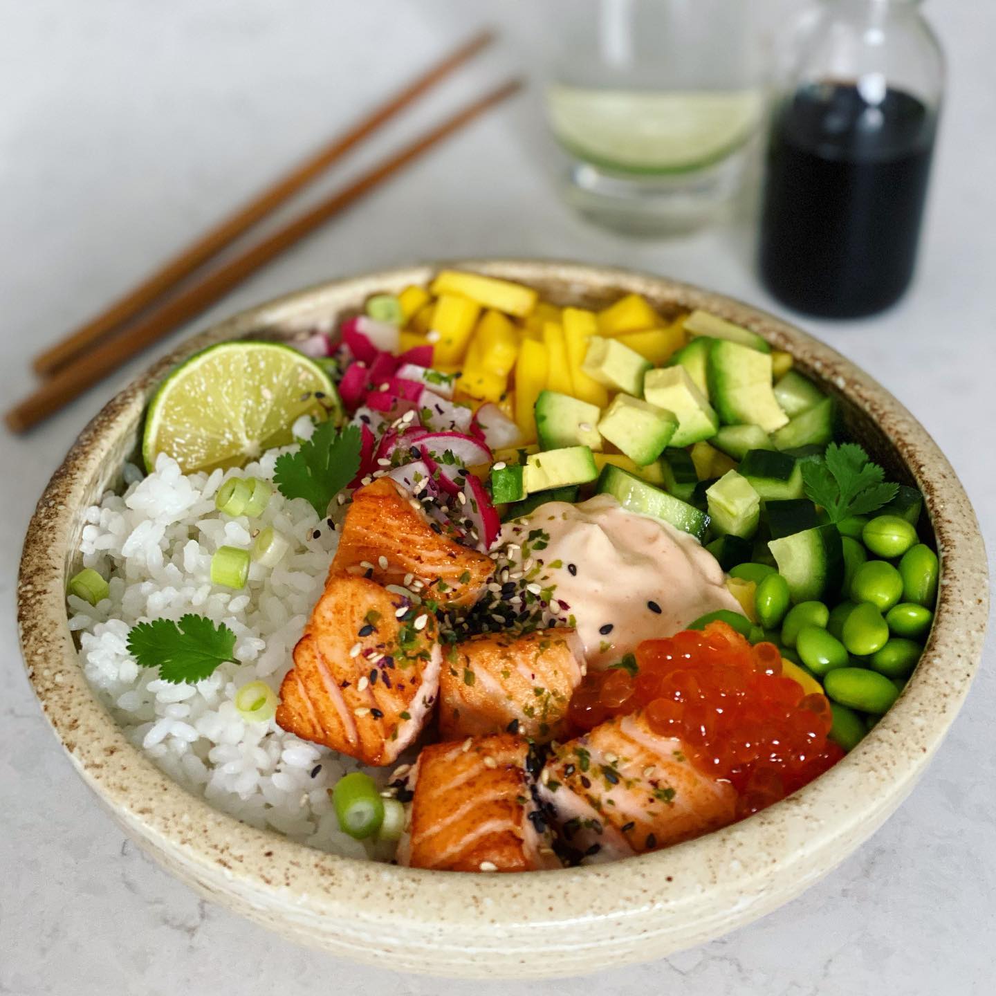 Fresh Salmon Poke Bowl Assembly