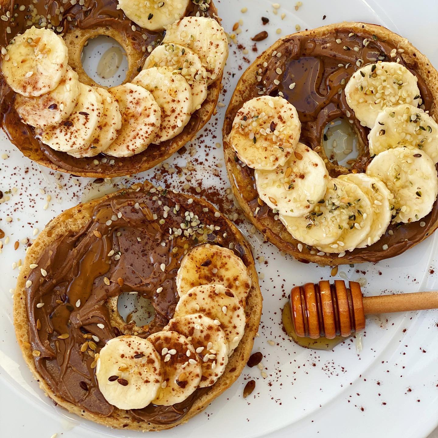 Seeded Bagel with Tahini Cocoa Honey Spread and Banana