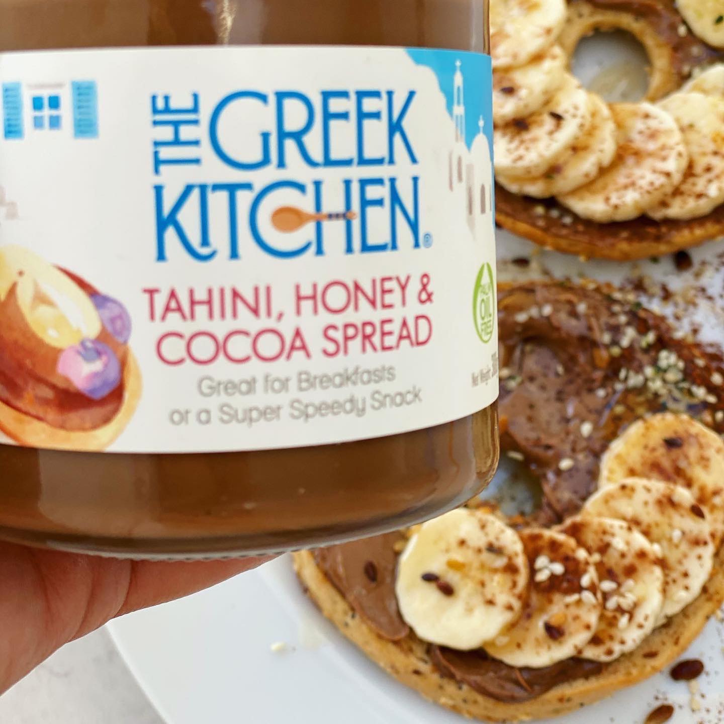 Seeded Bagel with Tahini Cocoa Honey Spread and Banana