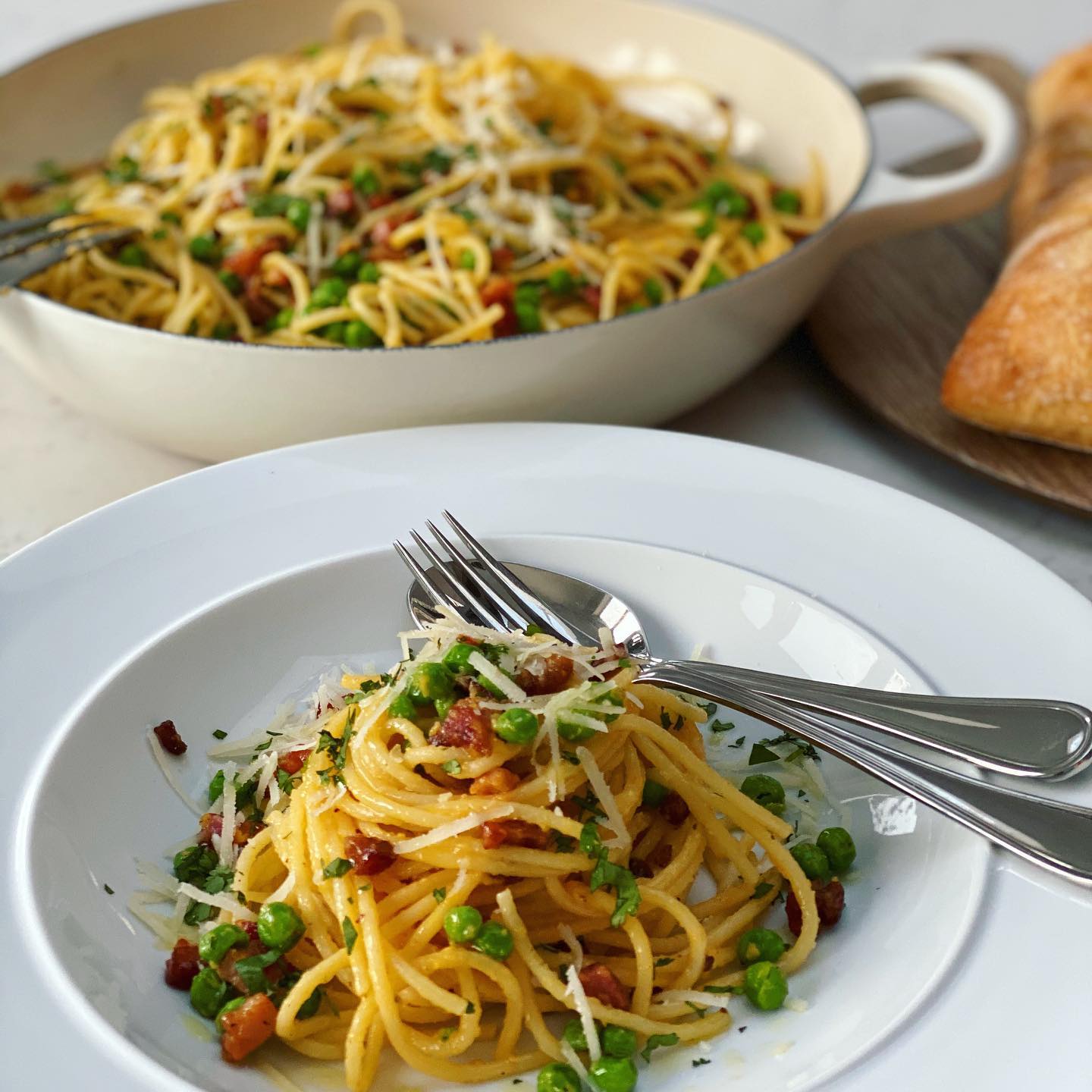 Quick Carbonara with Pancetta and Peas