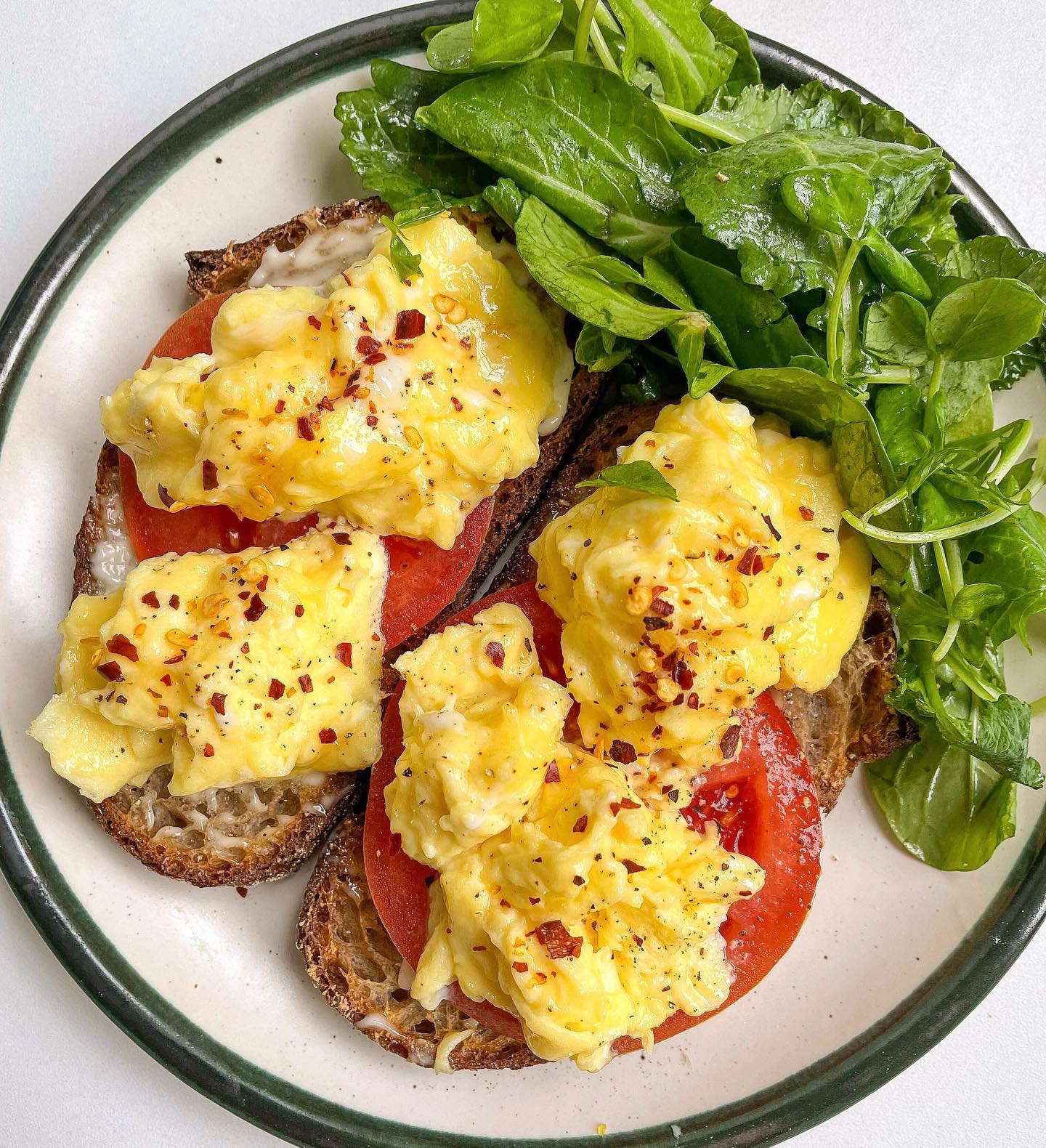 Soft Scrambled Eggs on Sourdough Toast with Salad