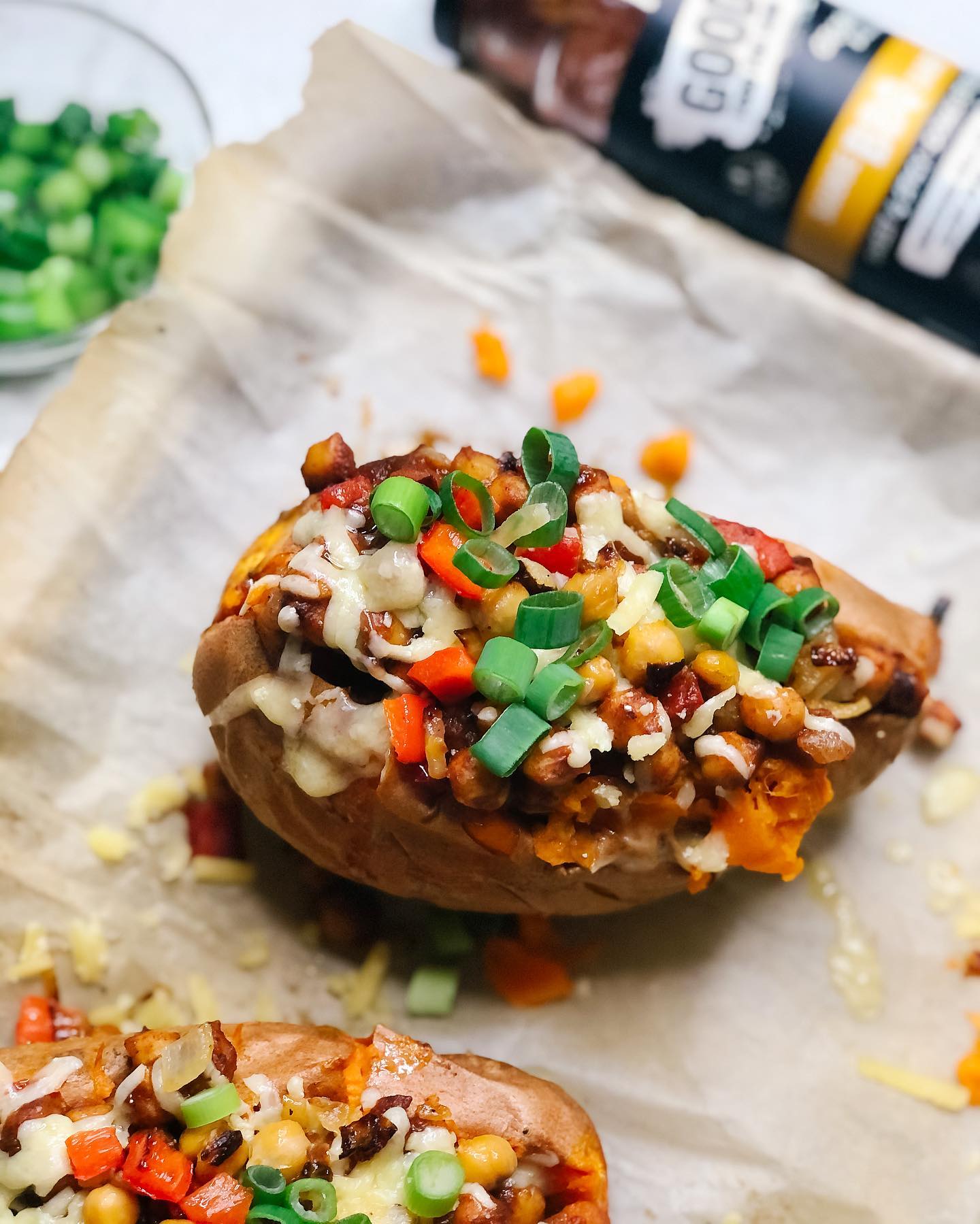 Chickpea Stuffed Sweet Potatoes with Bbq Sauce and Cheese