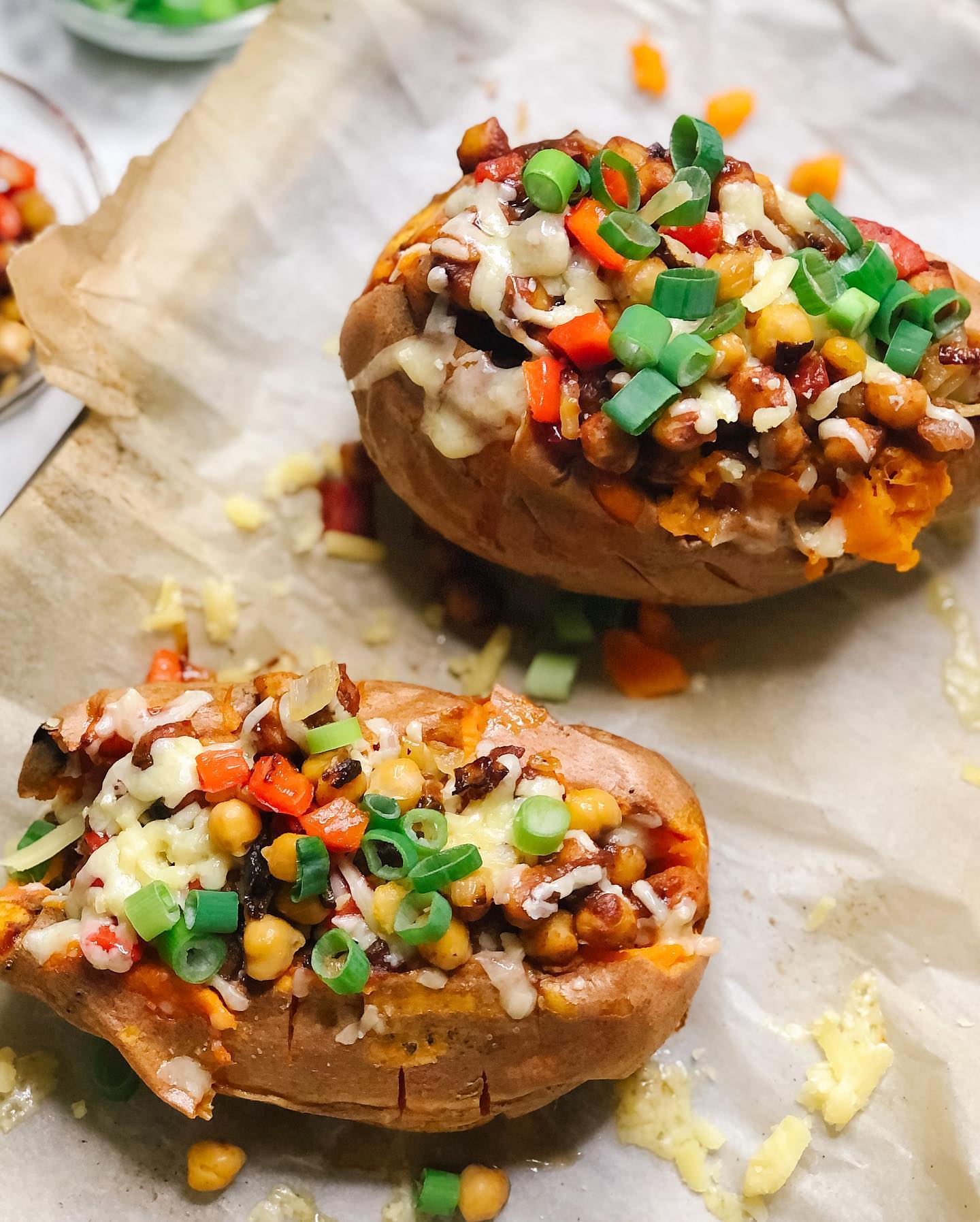 Chickpea Stuffed Sweet Potatoes with Bbq Sauce and Cheese
