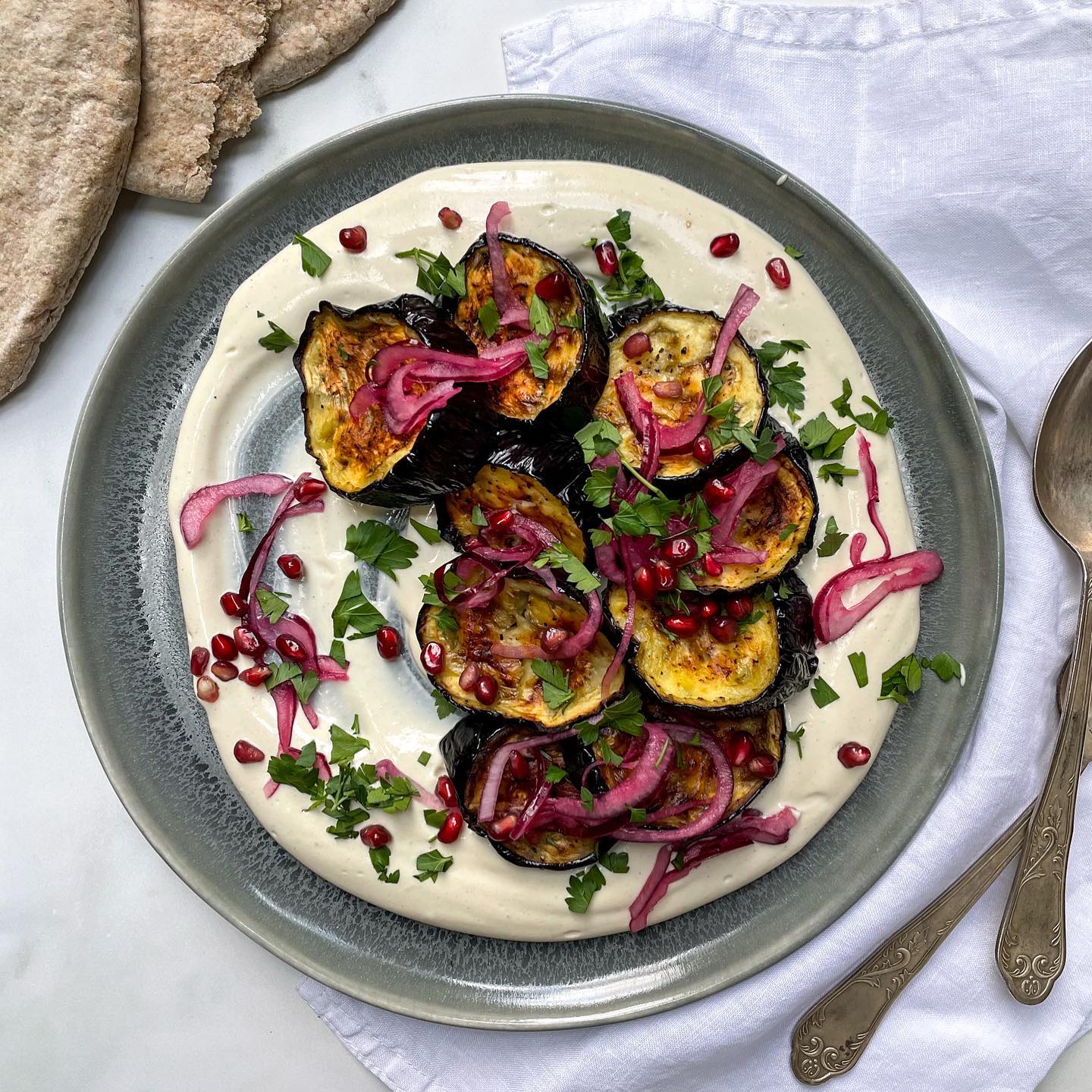 Roasted Aubergine with Tahini and Pomegranate