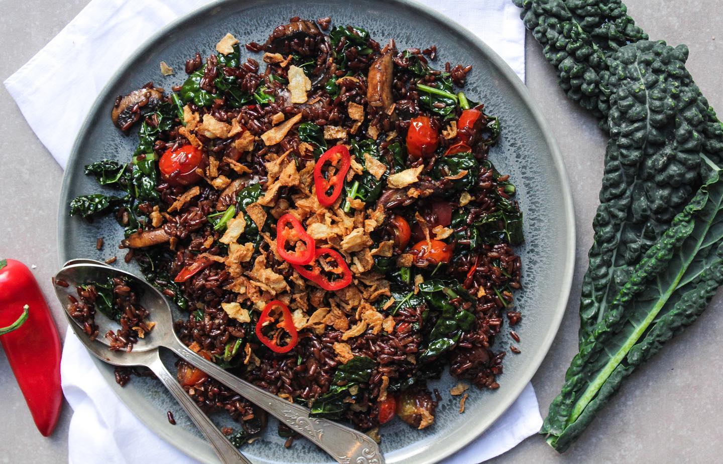 Nutty Red Rice Salad with Crispy Onions