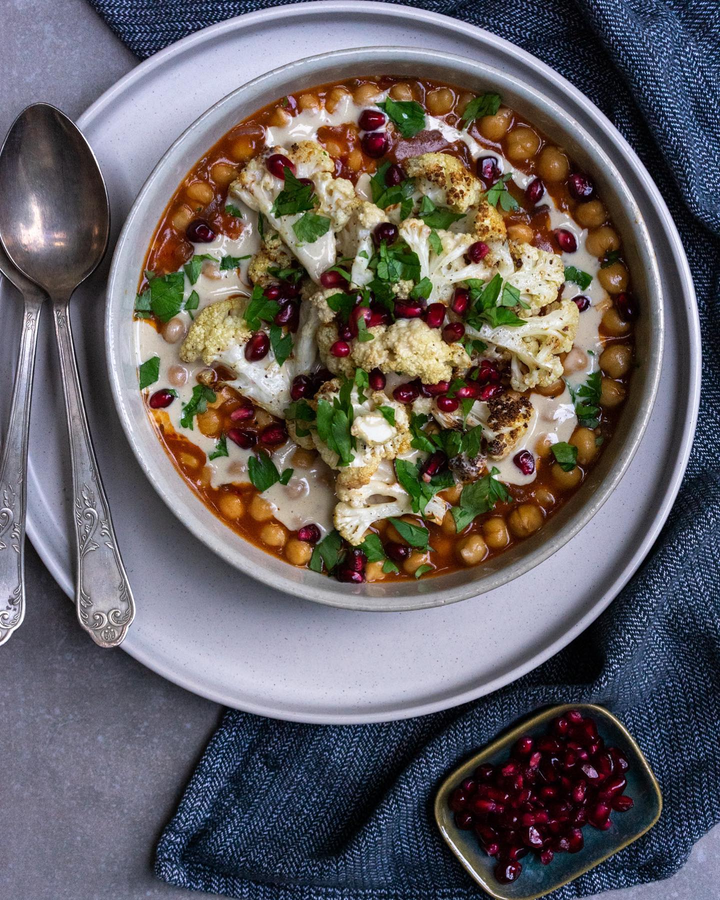 Braised Chickpeas with Cauliflower and Tahini Dressing