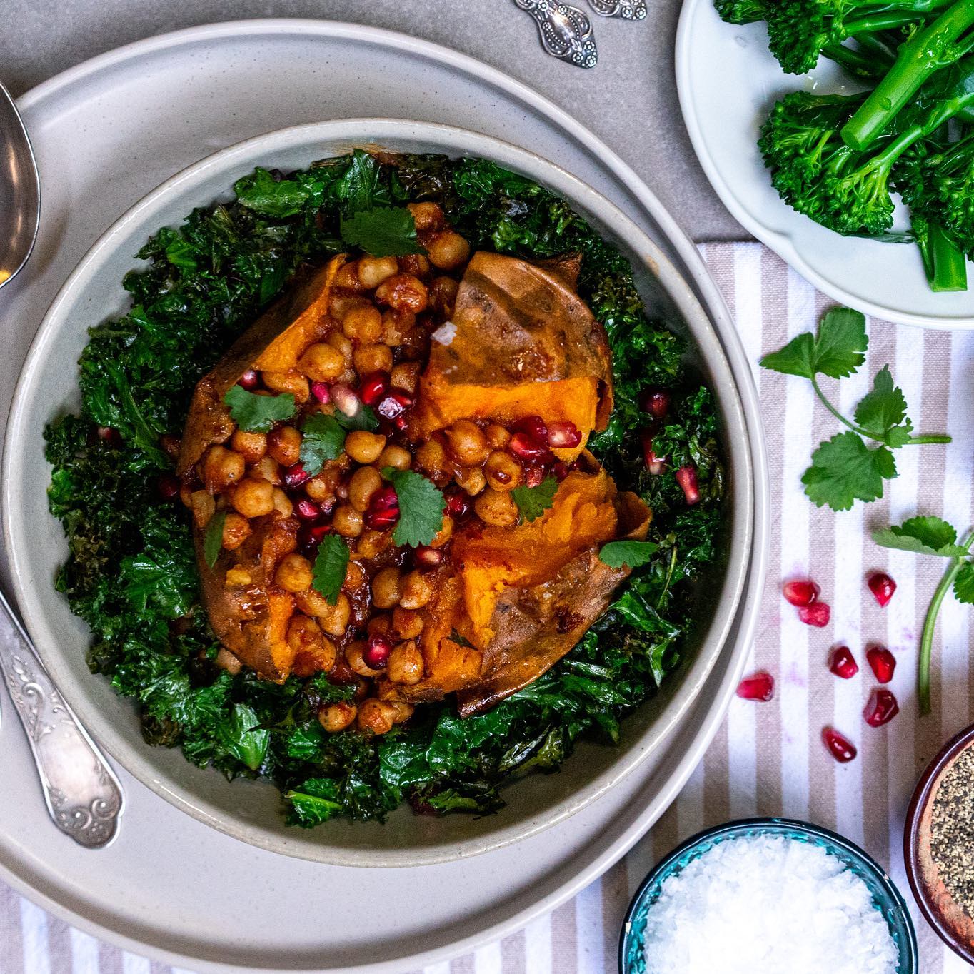 Baked Sweet Potato with Harissa Chickpeas and Kale