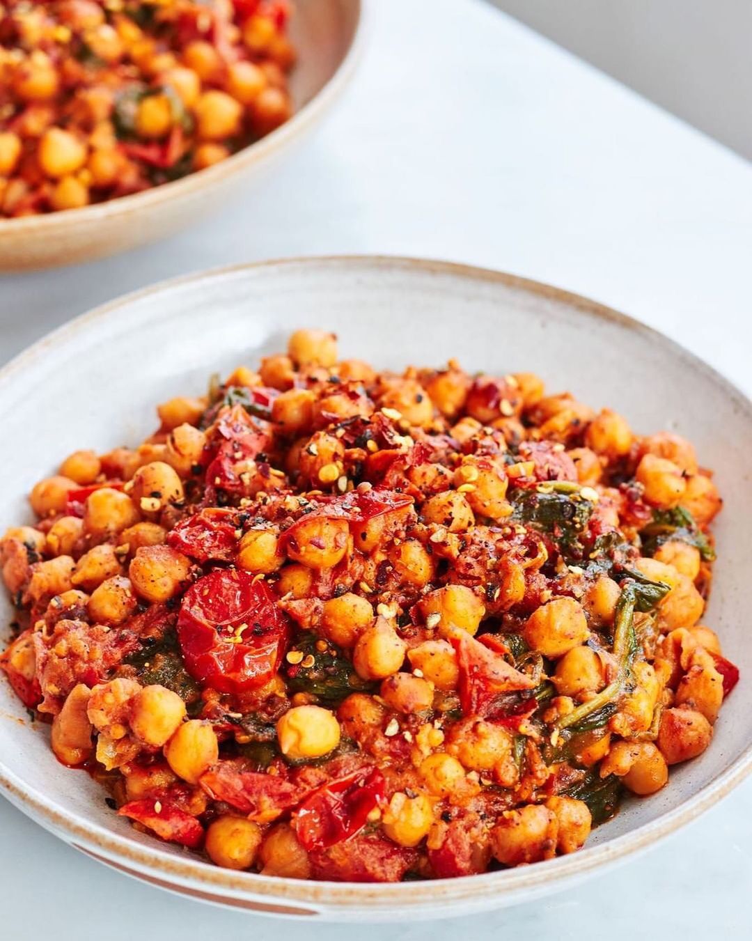 Simple Tomato Chickpea Bowl with Spinach and Tahini