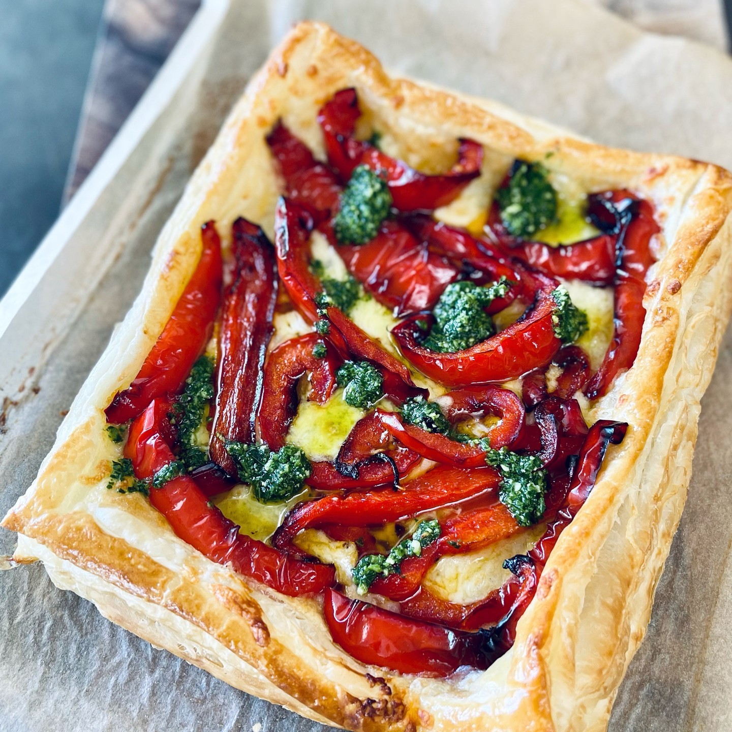 Roast Red Pepper Mozzarella and Basil Pesto Tart