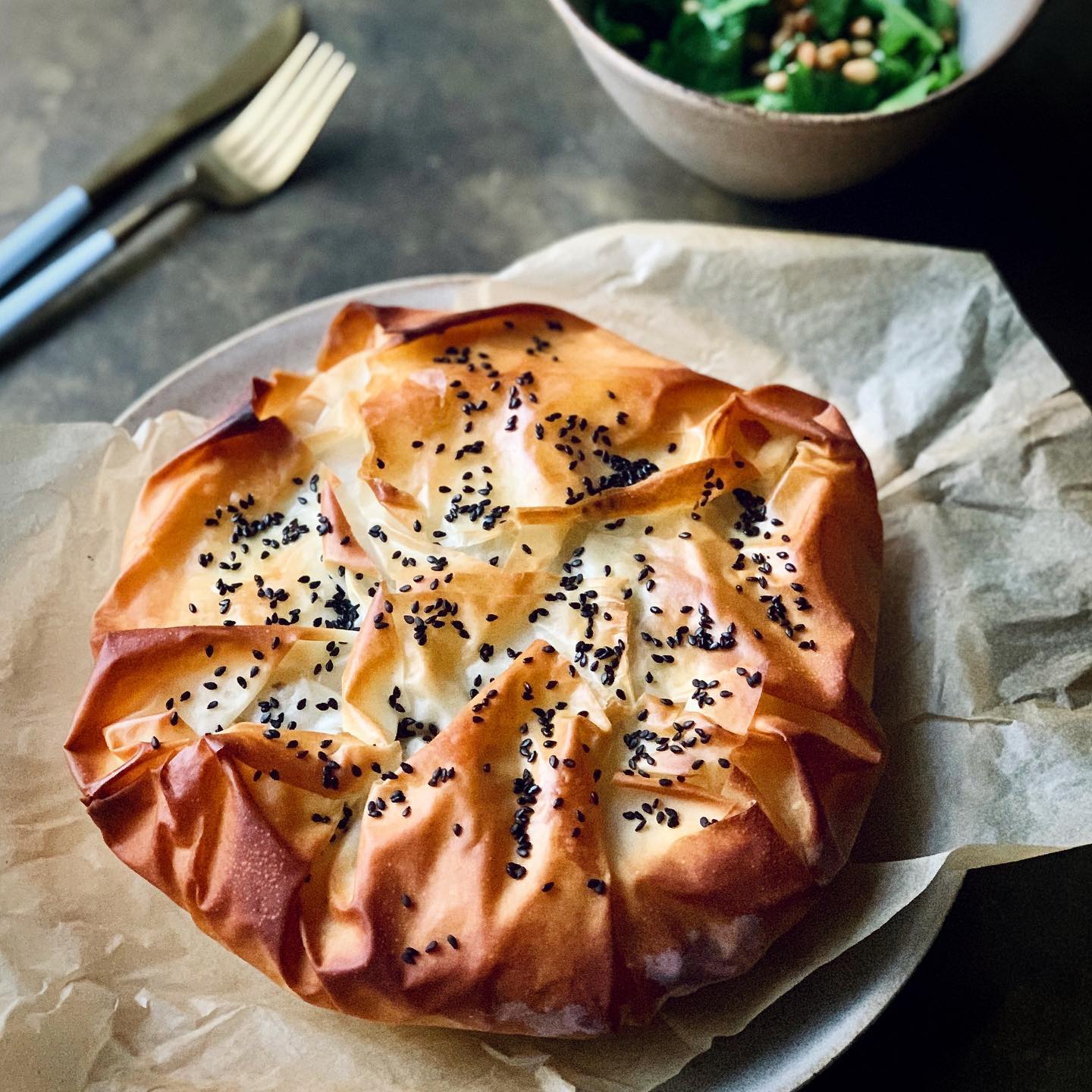 Butternut Spinach Phyllo Pie with Cashew Cream
