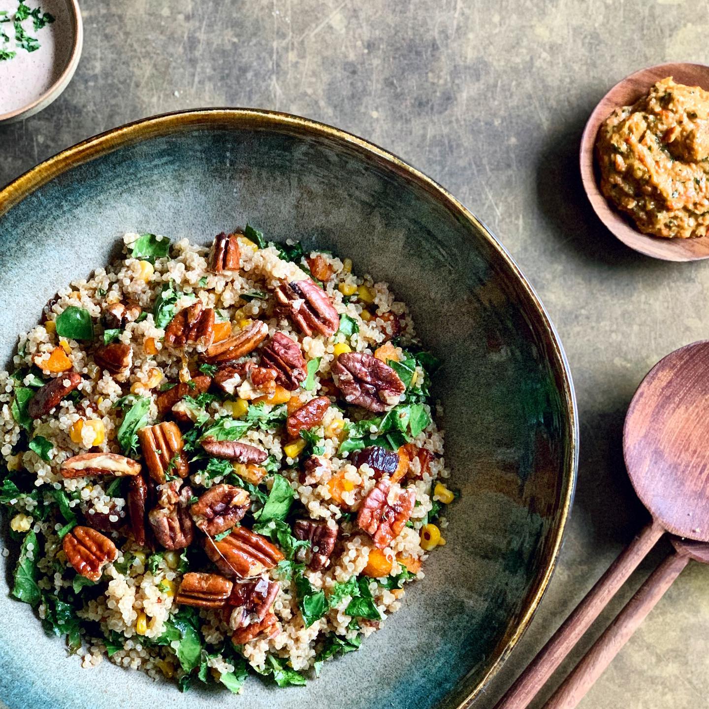 Quinoa, Kale, and Corn Salad with Caramelized Pecans