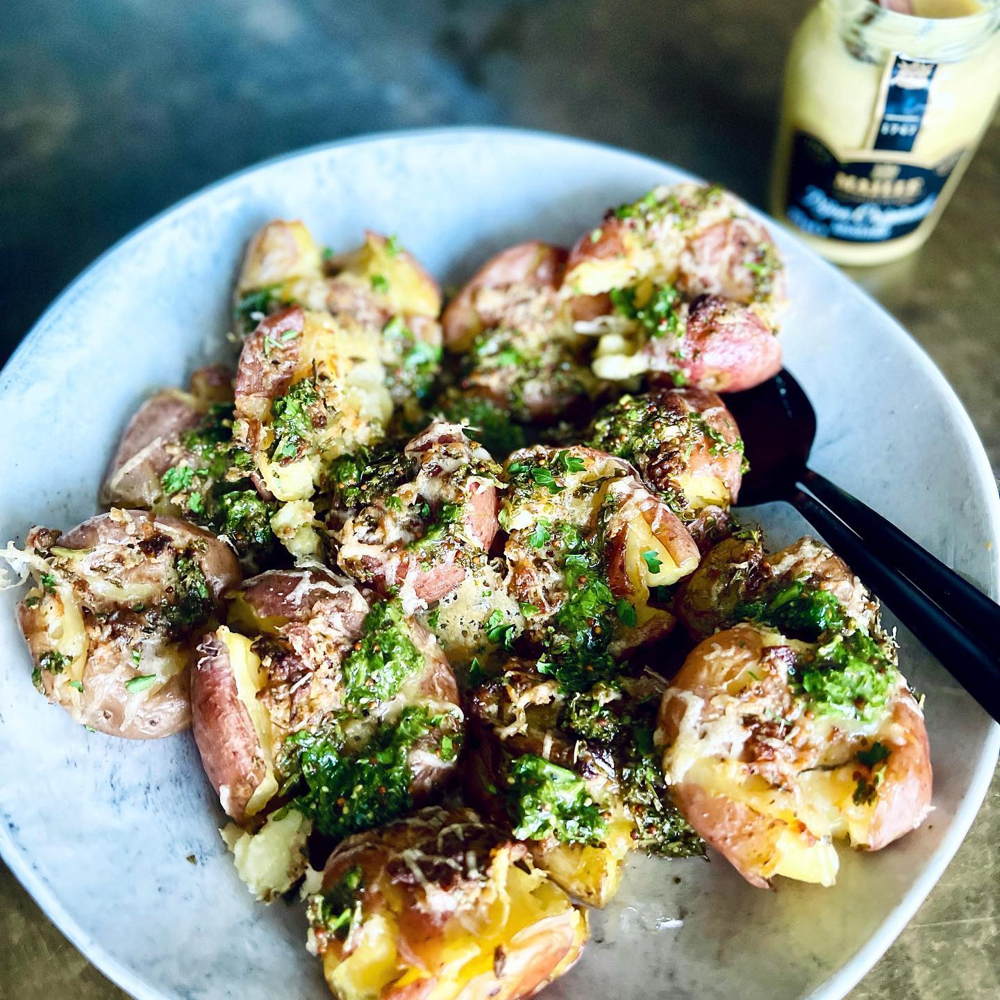Smashed Rosemary Mustard Potatoes with Herby Dressing