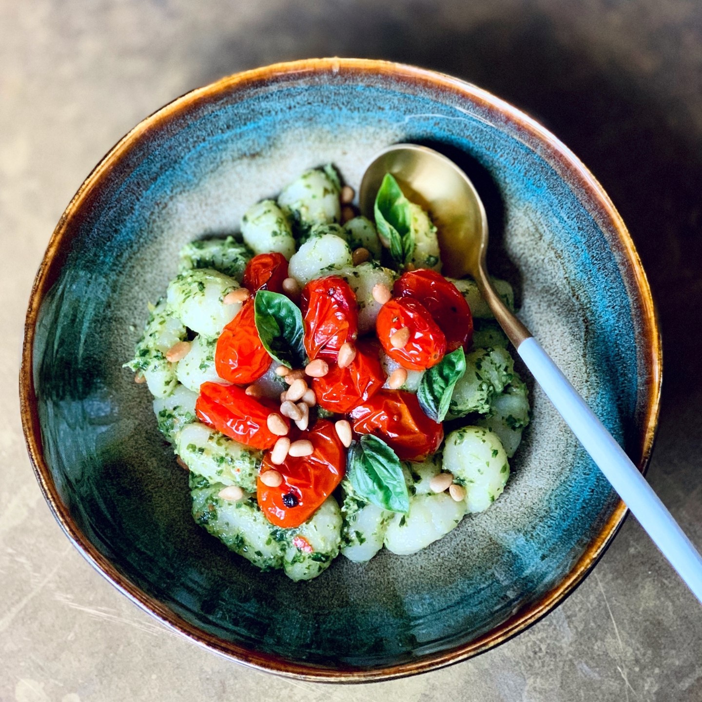 Basil Pesto Gnocchi with Blistered Cherry Tomatoes