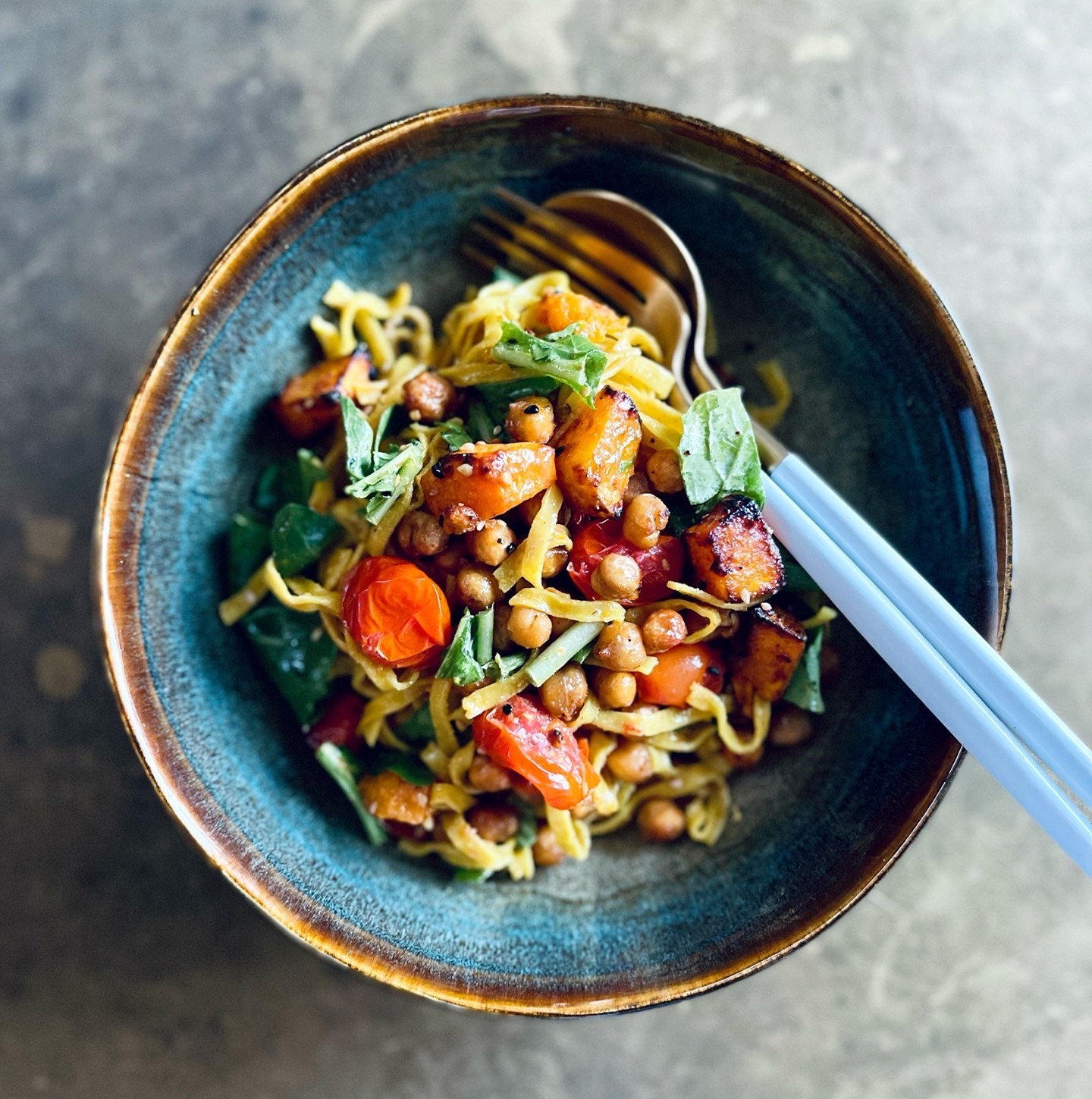Roasted Pumpkin and Chickpea Turmeric Noodle Bowl
