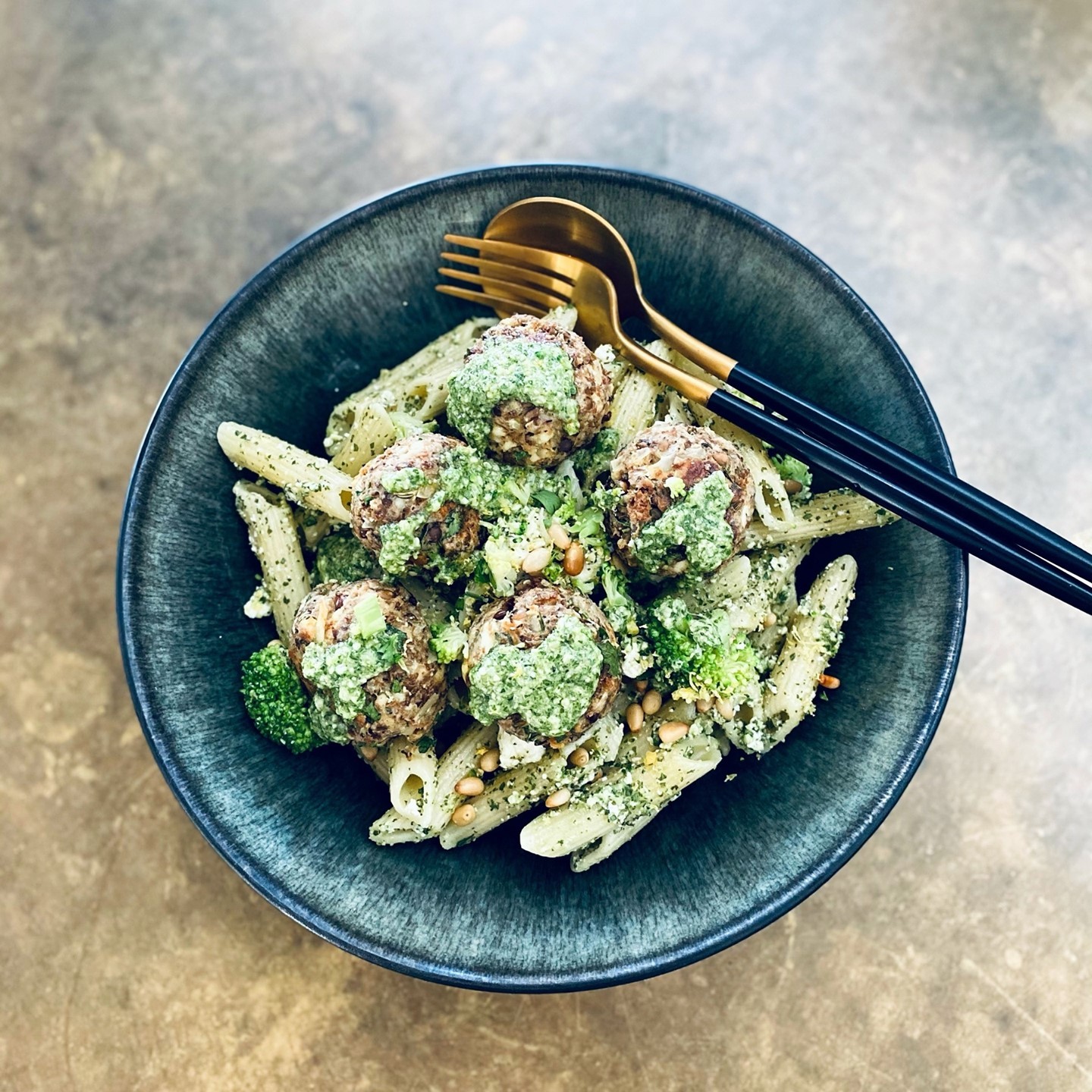 Lentil Meatballs with Lemon Pesto Penne