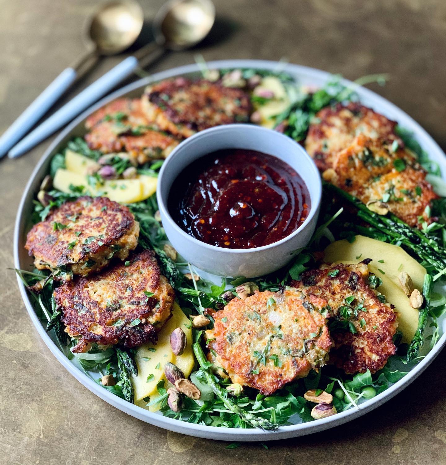 Crispy Quinoa Butternut Fritters with Sweet Chilli Sauce