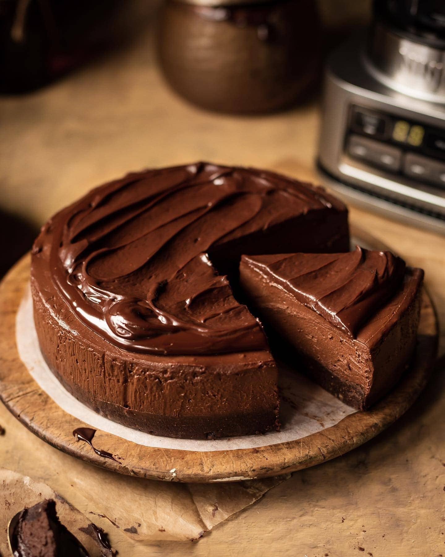 Vegan No-Bake Dark Chocolate Mousse Cheesecake with Walnut Brownie Base