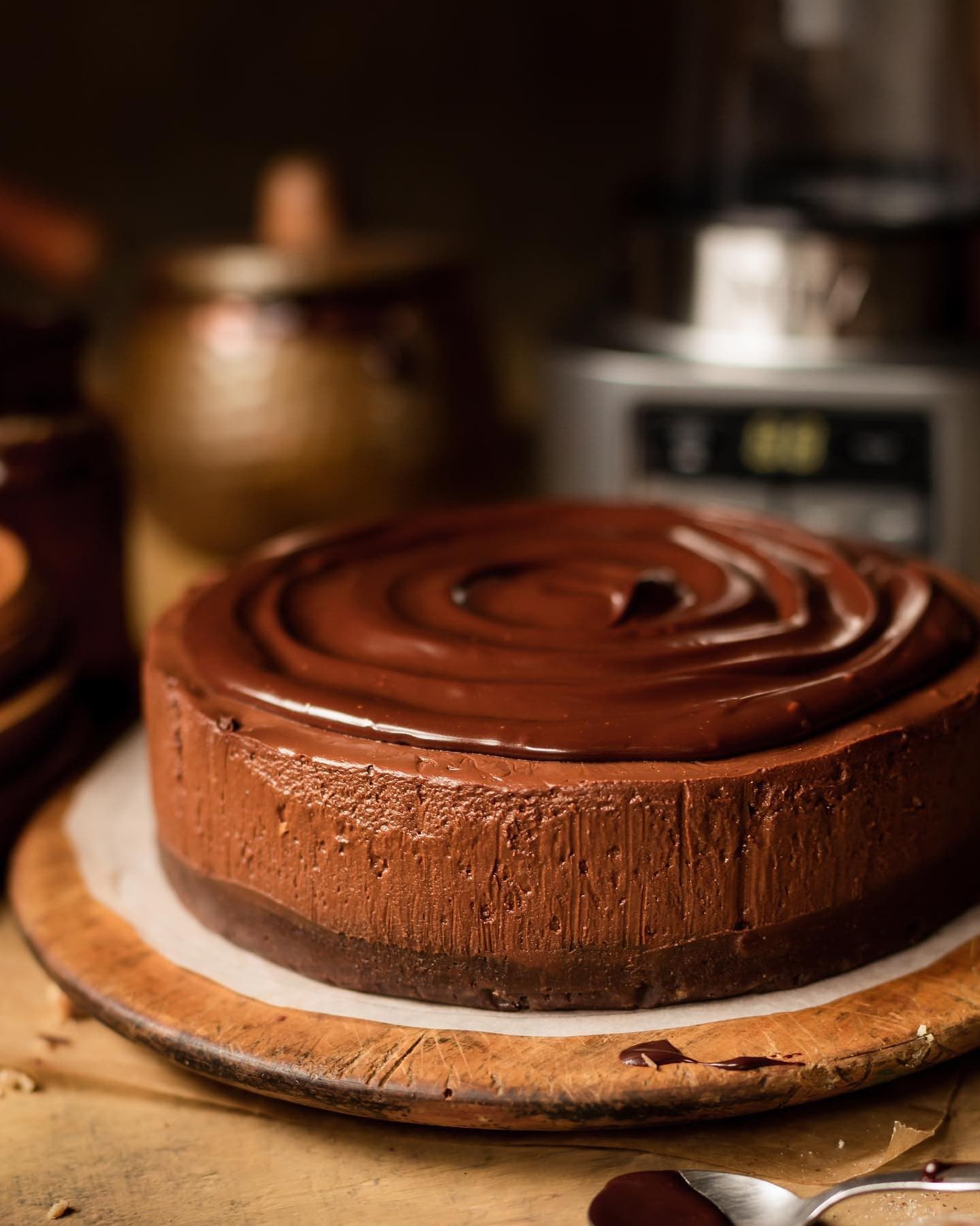 Vegan No-Bake Dark Chocolate Mousse Cheesecake with Walnut Brownie Base