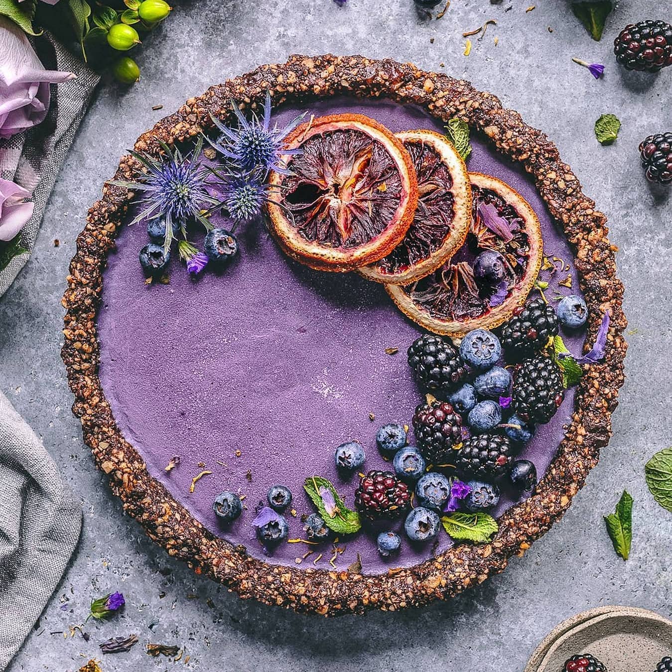 Wild Blueberry Tart with No Bake Cacao Base & Ashwagandha-Elderberry Filling