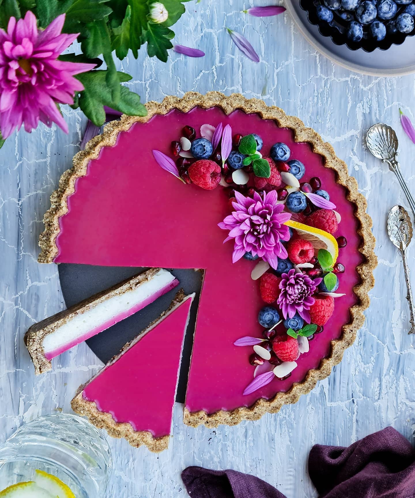 Semolina Pudding Tart with Almond Oat Crust and Coconut Raspberry Layer