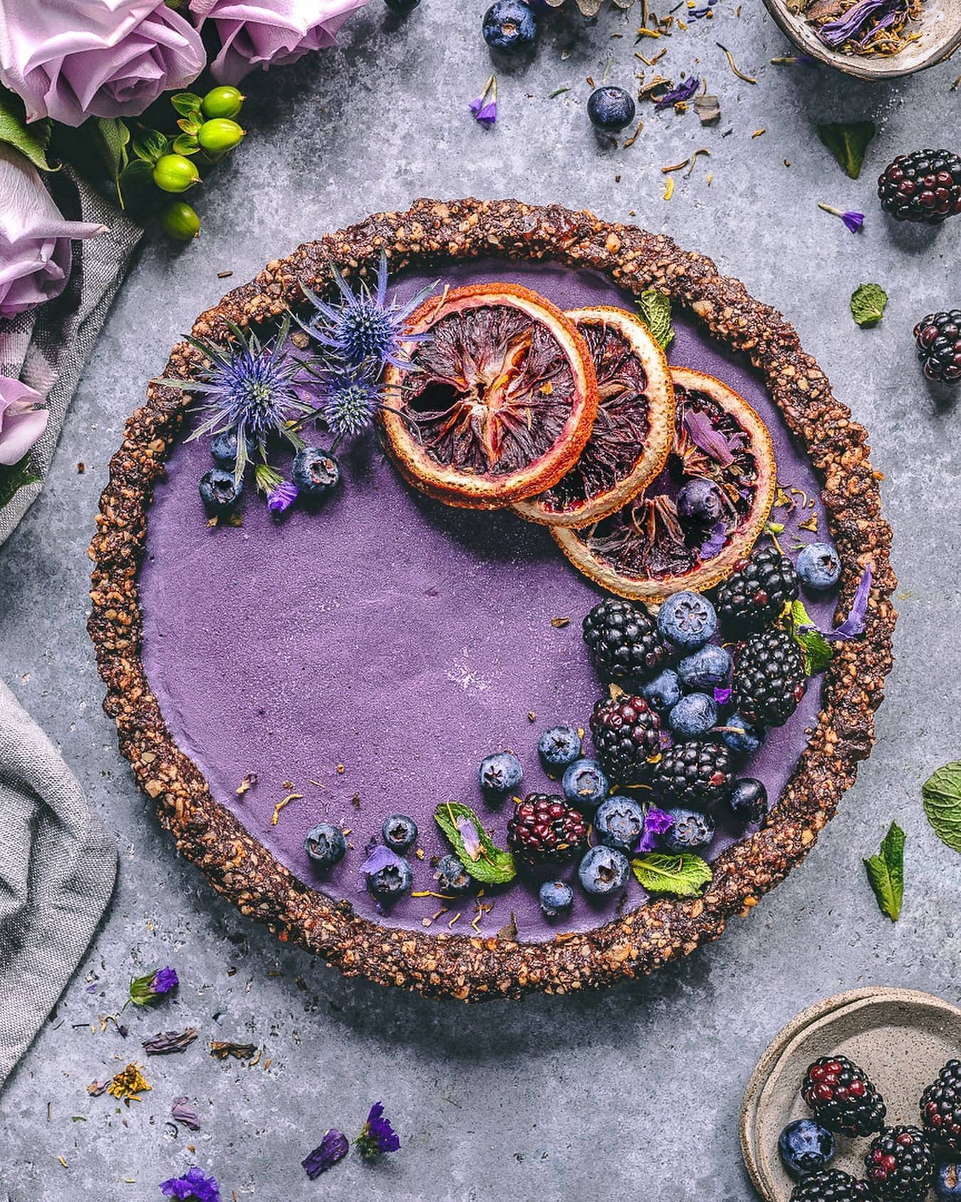 Wild Blueberry Tart with No Bake Cacao Base & Ashwagandha-Elderberry Filling