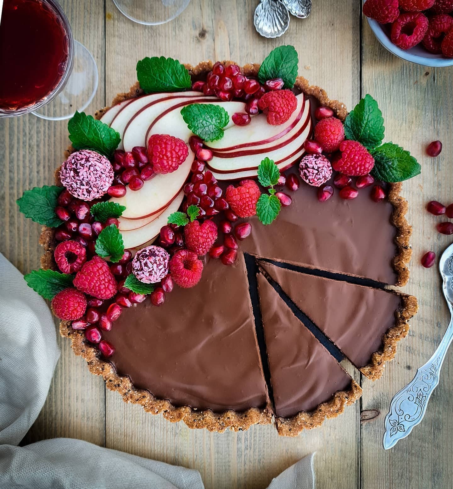 Vegan Chocolate, Avocado and Pomegranate Mousse Tart with Nut Crust