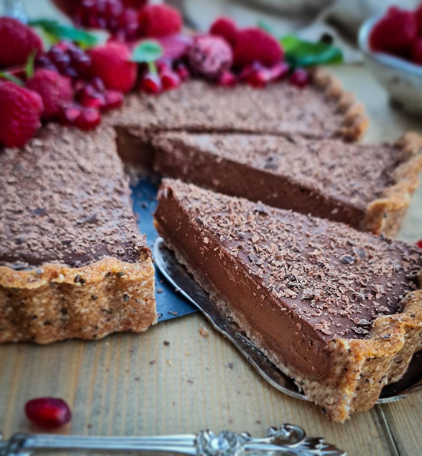 Vegan Chocolate, Avocado and Pomegranate Mousse Tart with Nut Crust
