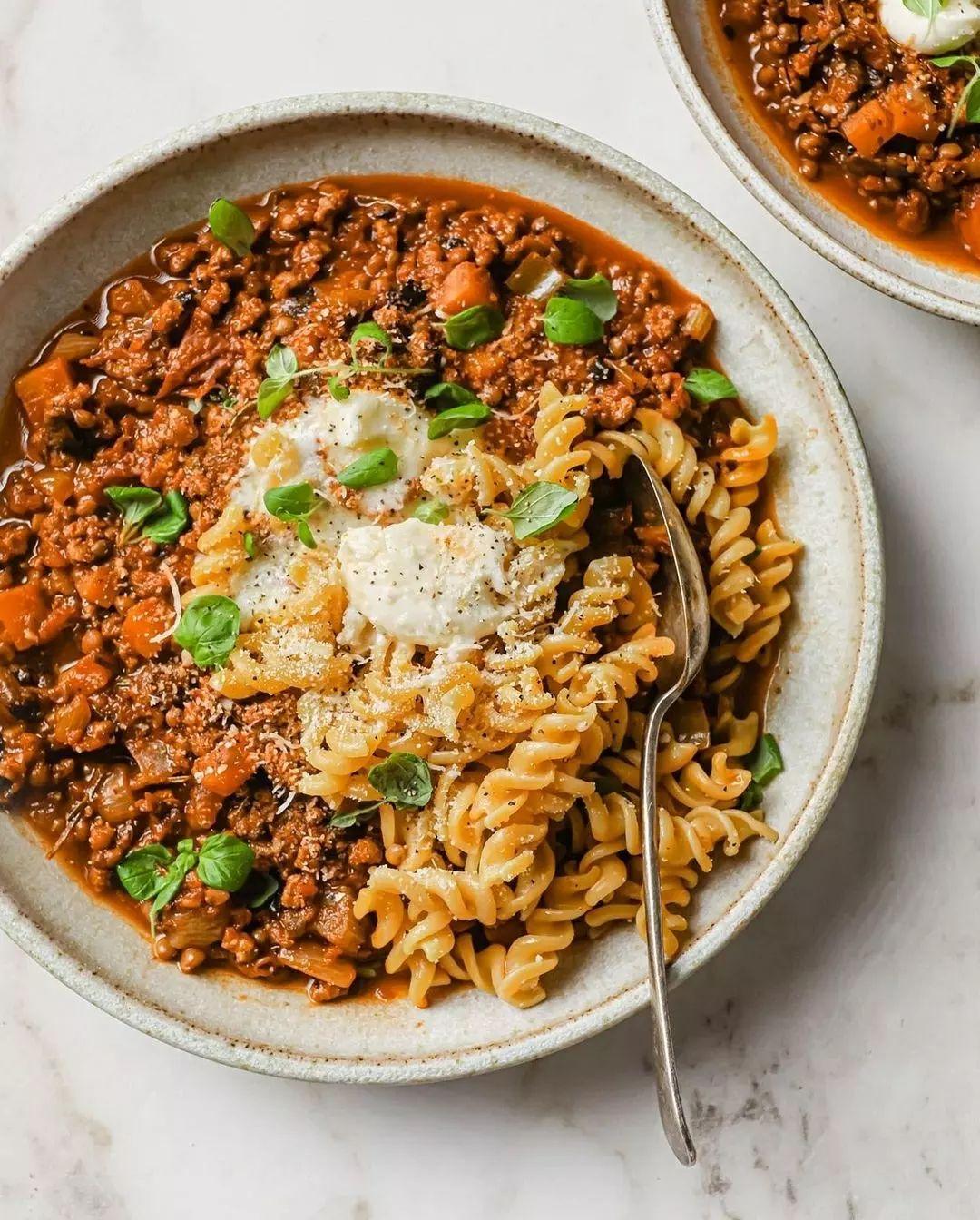 Vegan Sunflower Seed Bolognese with Lentils and Pasta