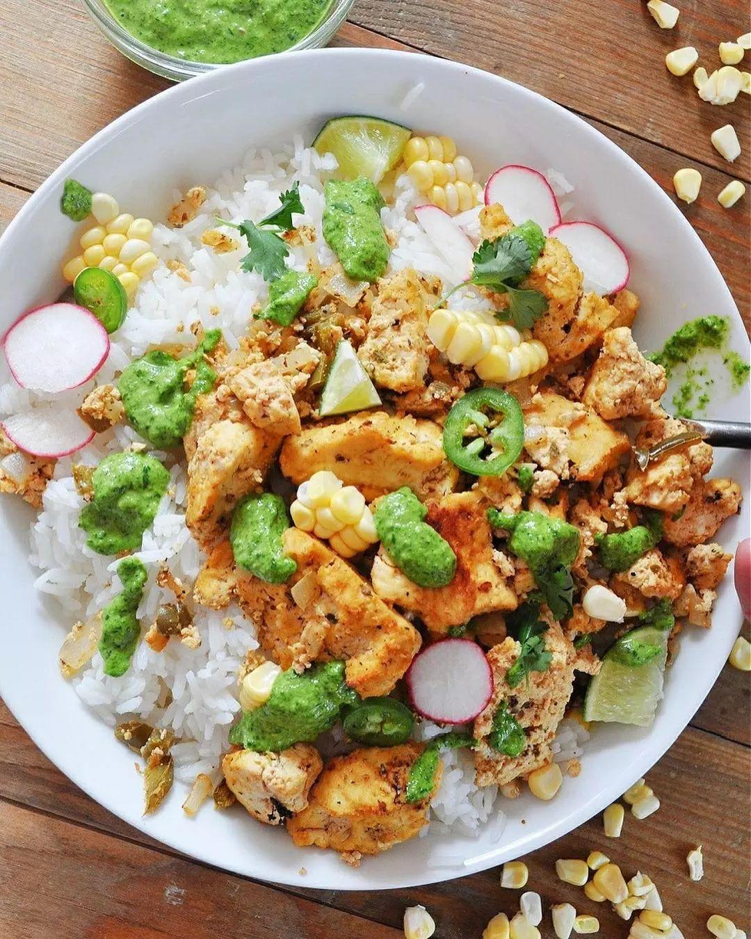 Spicy Jalapeno Tofu Bowls with Cilantro Vinaigrette