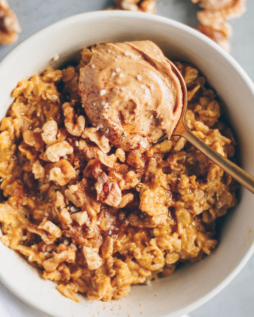 Creamy Pumpkin Spice Oats with Walnut Topping