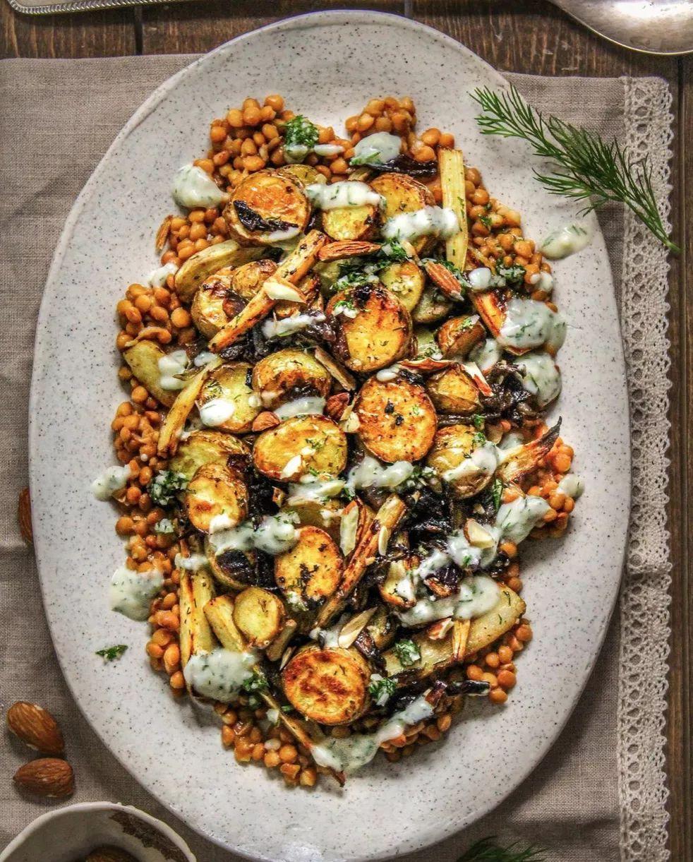 Roasted Fingerling Potatoes with Parsnips and Lentil Salad