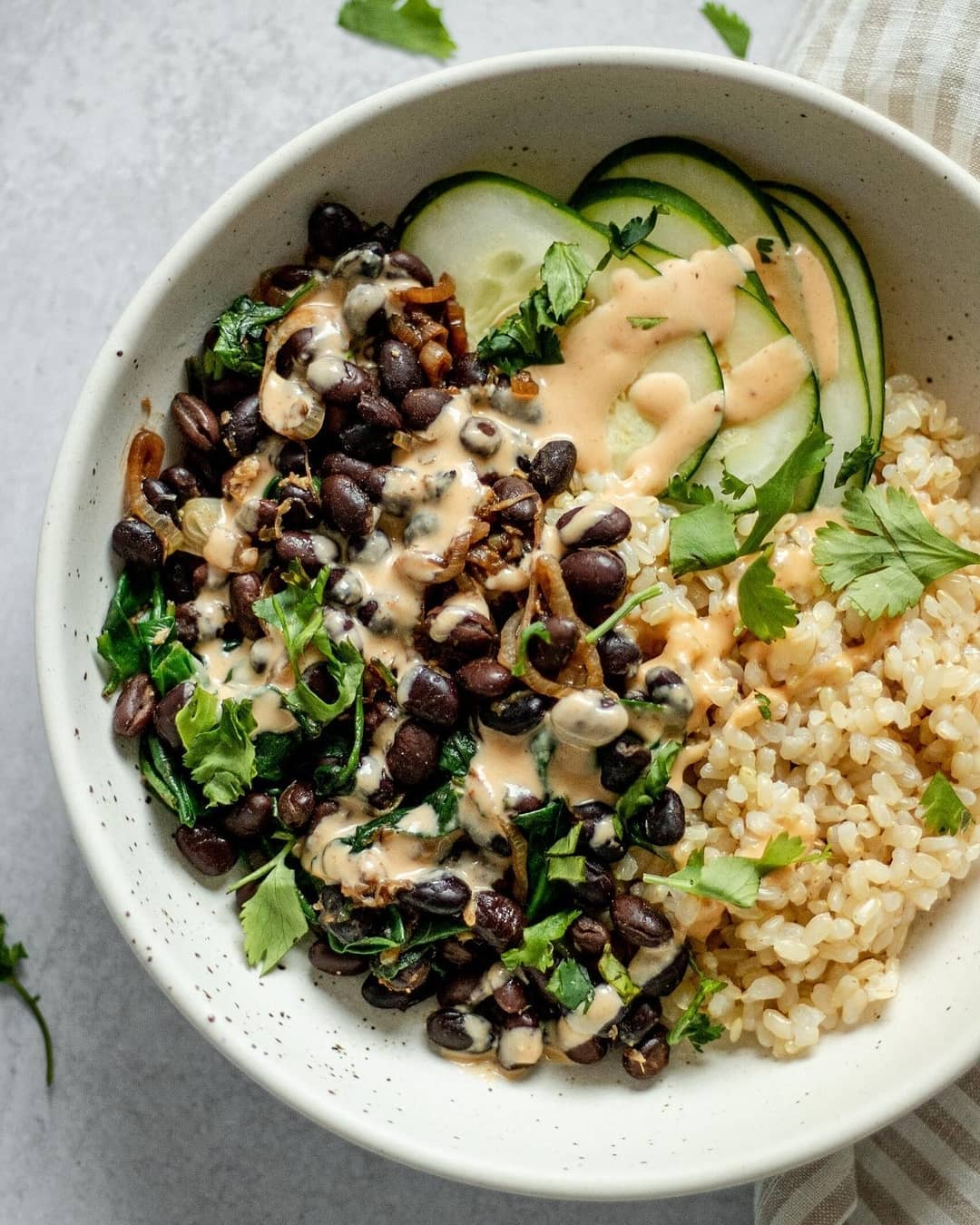 Ginger Black Bean Rice Bowl with Sriracha Dressing