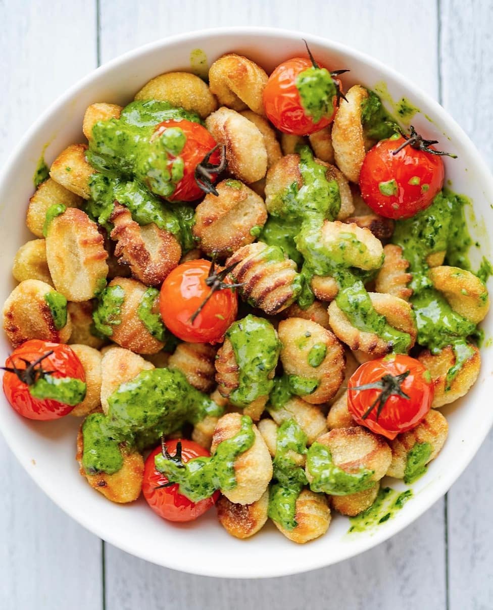 Roasted Gnocchi with Burst Tomatoes and Cashew Pesto