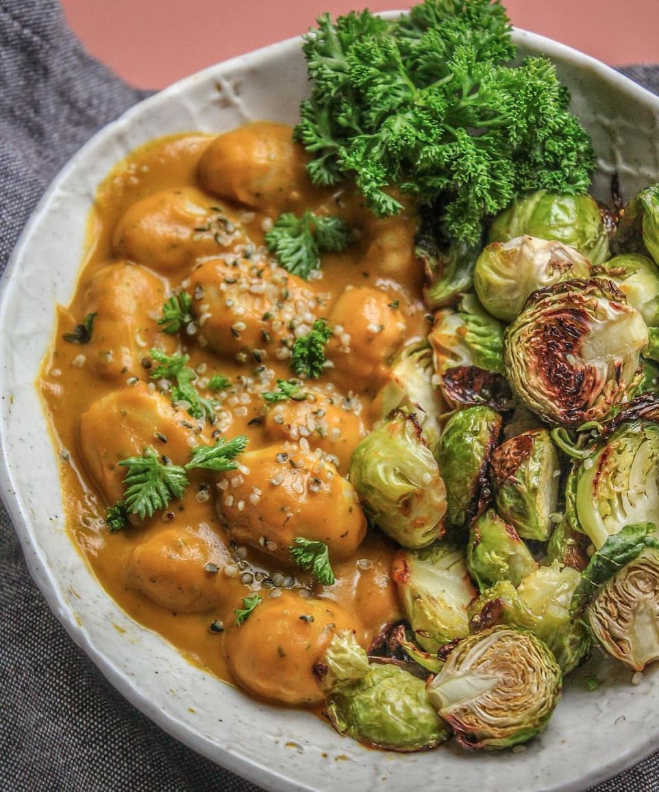 Pesto Gnocchi with Roasted Brussels Sprouts and Squash