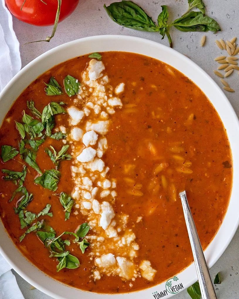 Roasted Tomato Orzo Soup with Vegan Feta