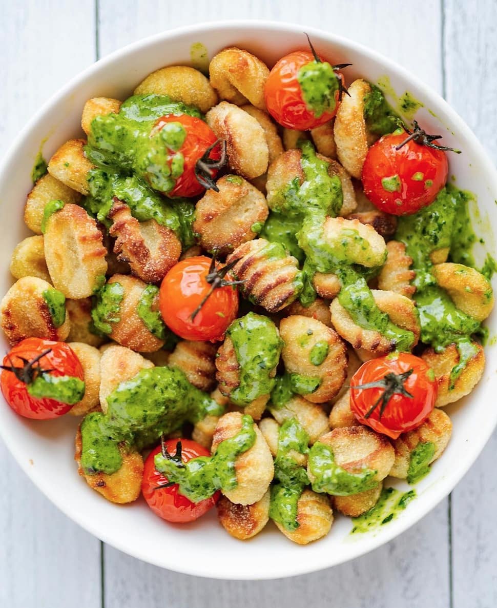 Roasted Gnocchi with Burst Tomatoes and Cashew Pesto