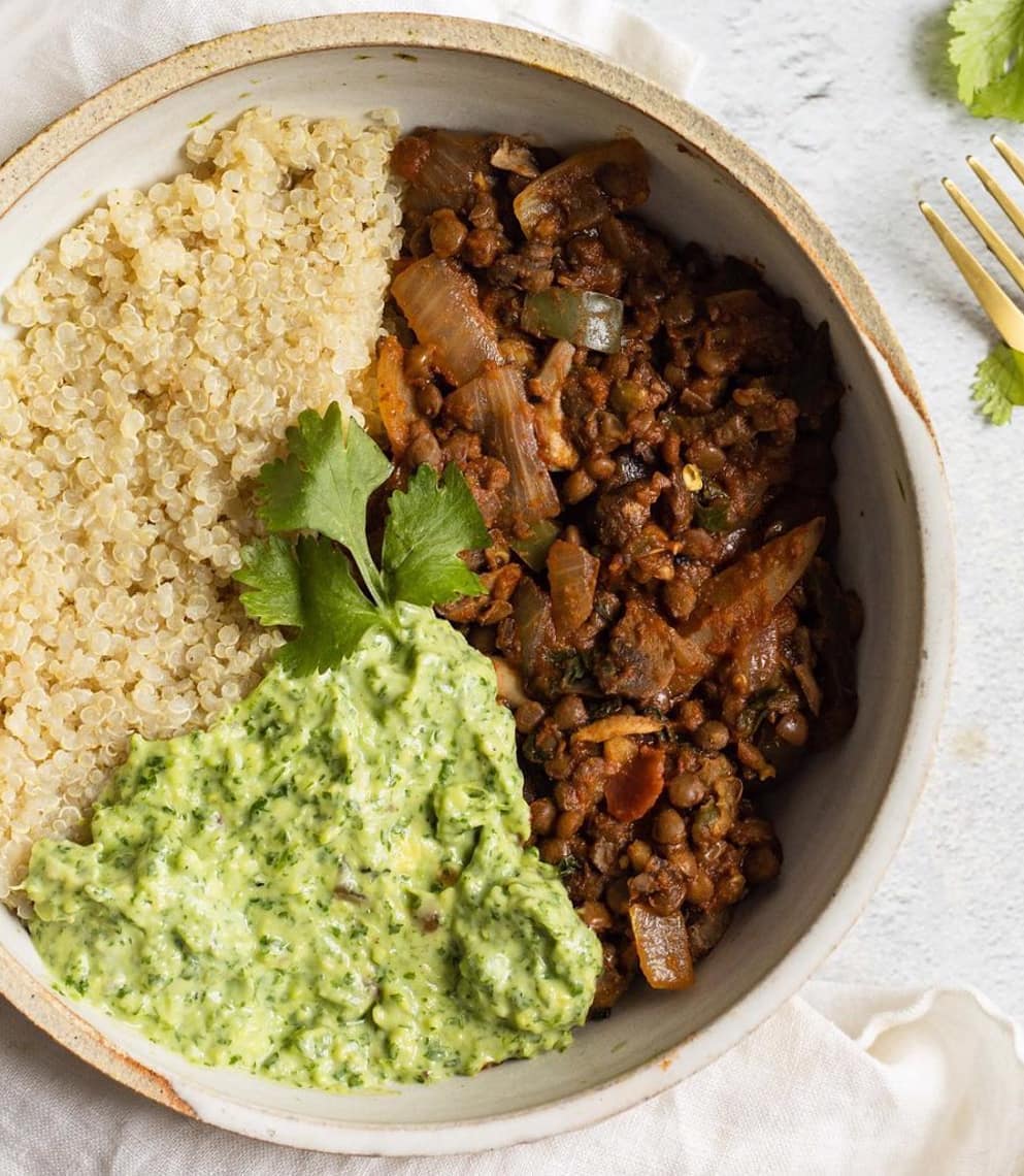 Vegan Lentil Burrito Bowl with Avocado Crema