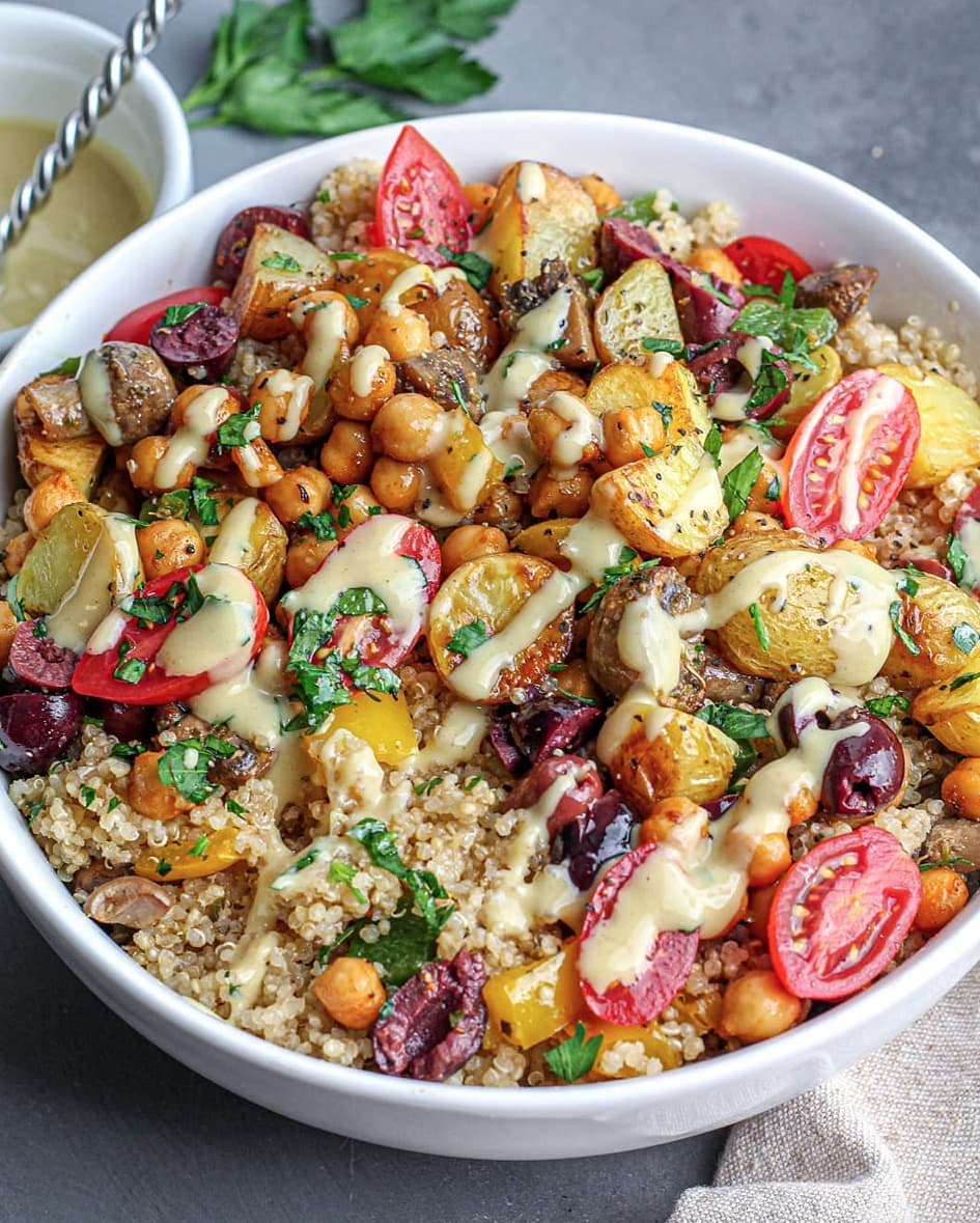 Roasted Potato Spiced Chickpea Vegetable Quinoa Salad