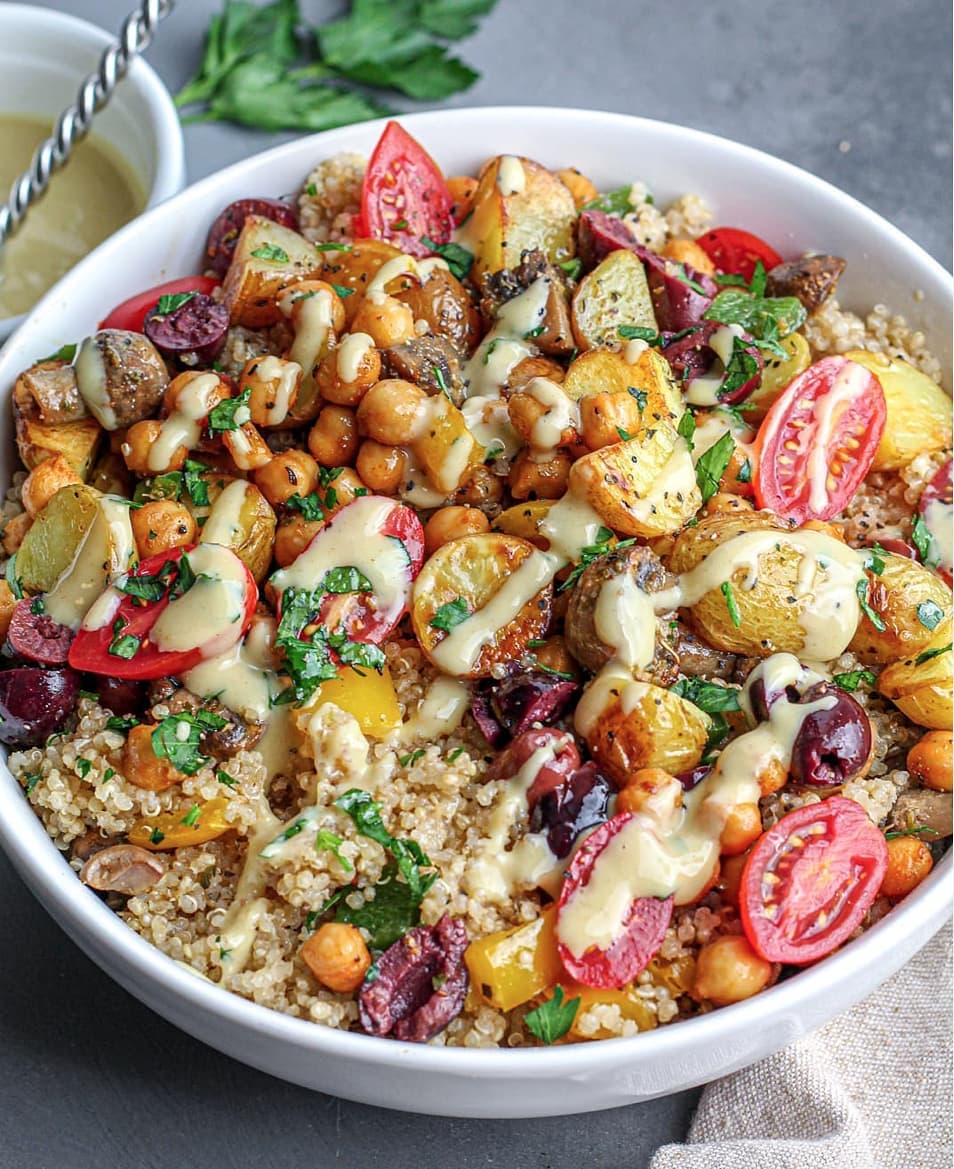 Roasted Potato and Quinoa Salad with Vegan Dressing