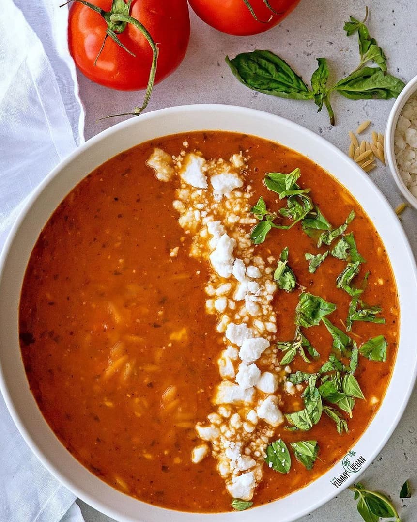 Roasted Tomato Orzo Soup with Vegan Feta
