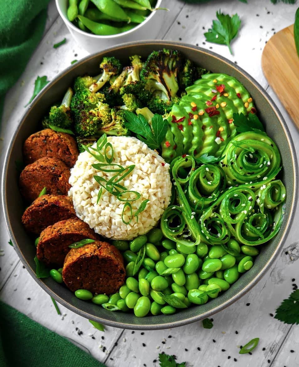 Nourish Bowl with Chickpea Cauliflower Burgers