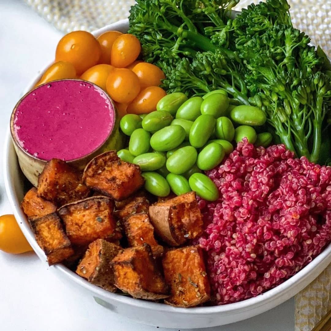 Pink Quinoa Nourish Bowl with Lemon Beet Tahini