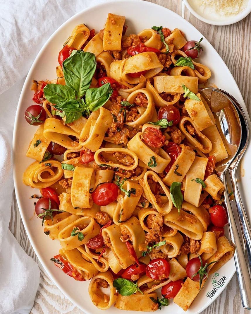 Pasta with Blistered Tomatoes and Vegan Sausage