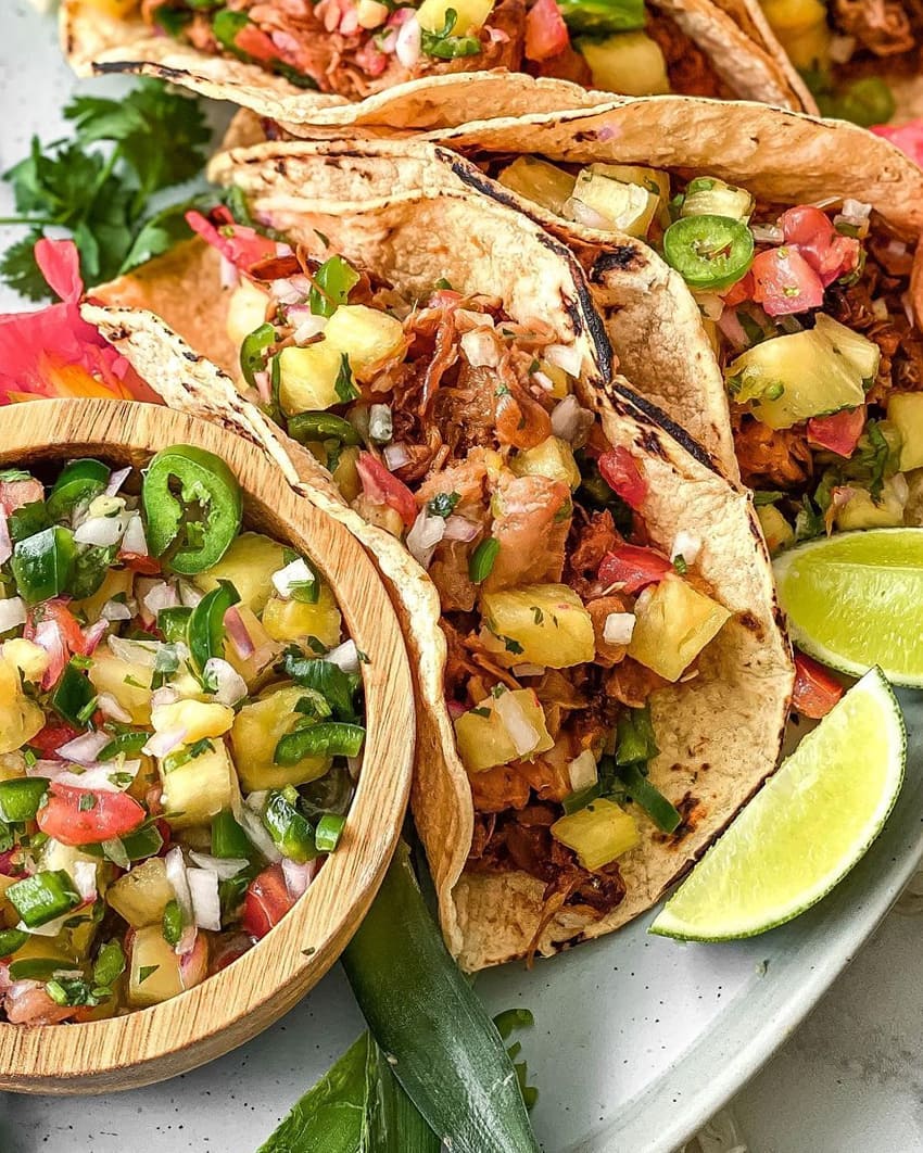 Jackfruit Teriyaki Tacos with Spicy Pineapple Salsa