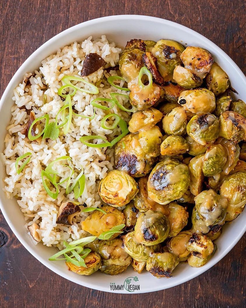 Miso Butter Roasted Brussels Sprouts with Shiitake Rice