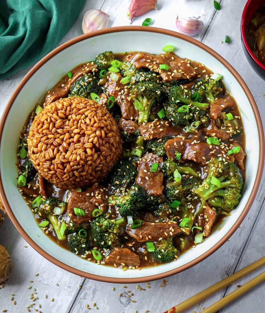 Vegan Beef and Broccoli with Toasted Farro