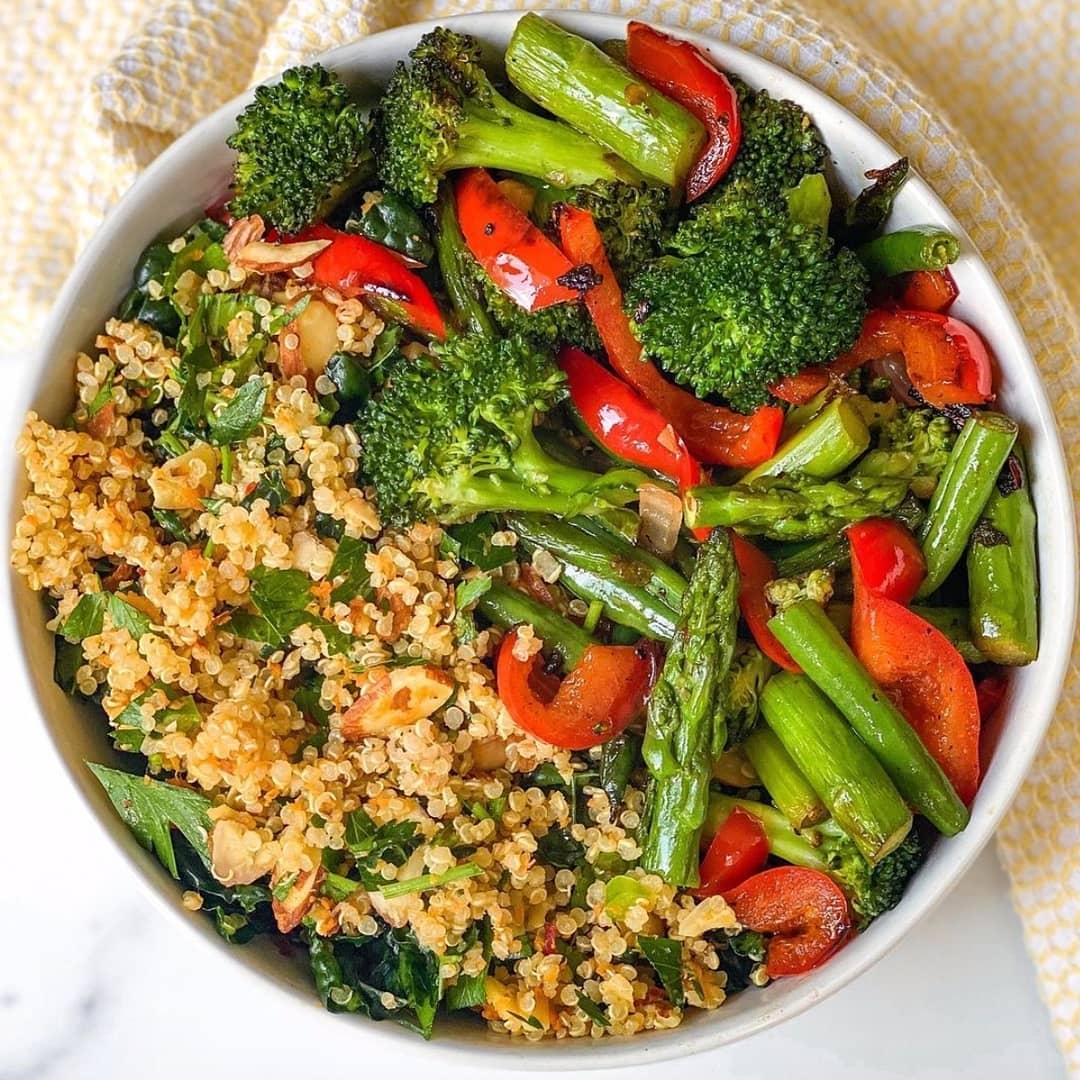 Roasted Veggie Quinoa with Spicy Lemon Herb Tahini