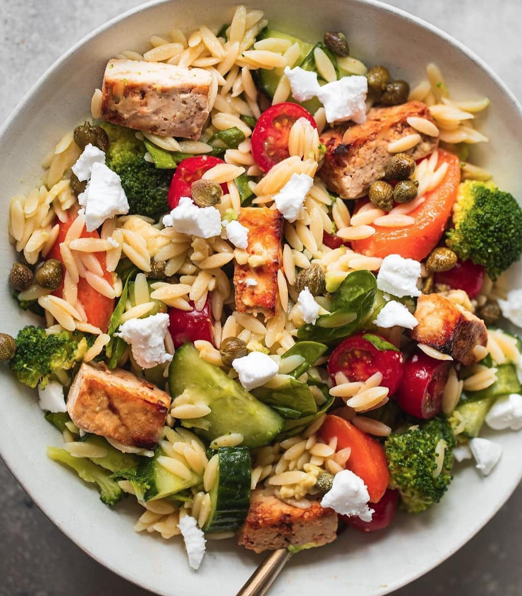 Vegan Orzo Salad with Crispy Tofu