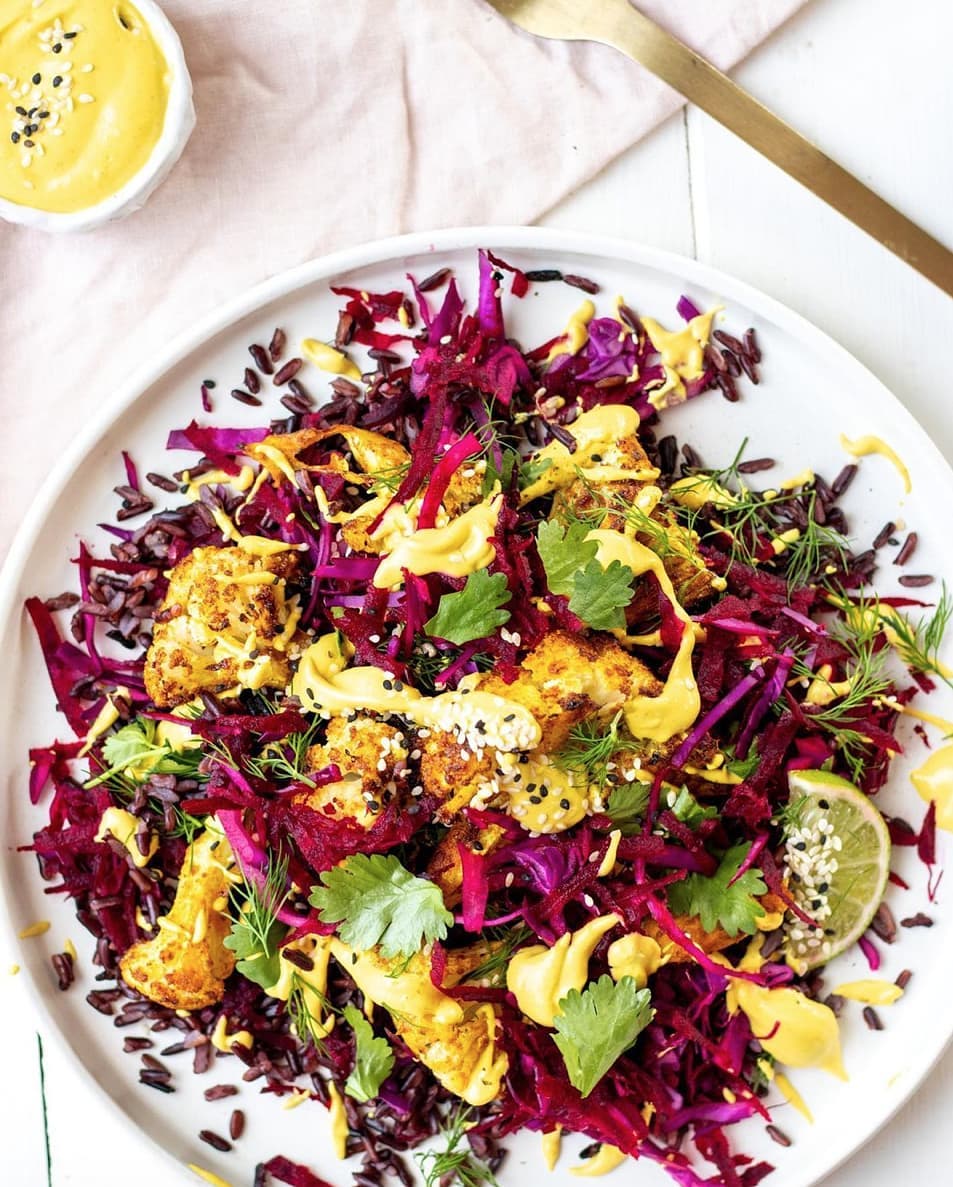Colorful Black Rice Salad with Turmeric Sauce