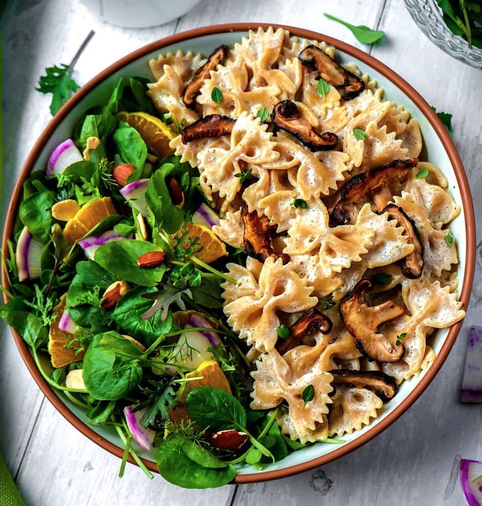 Creamy Silken Tofu Pasta with Mushrooms and Salad